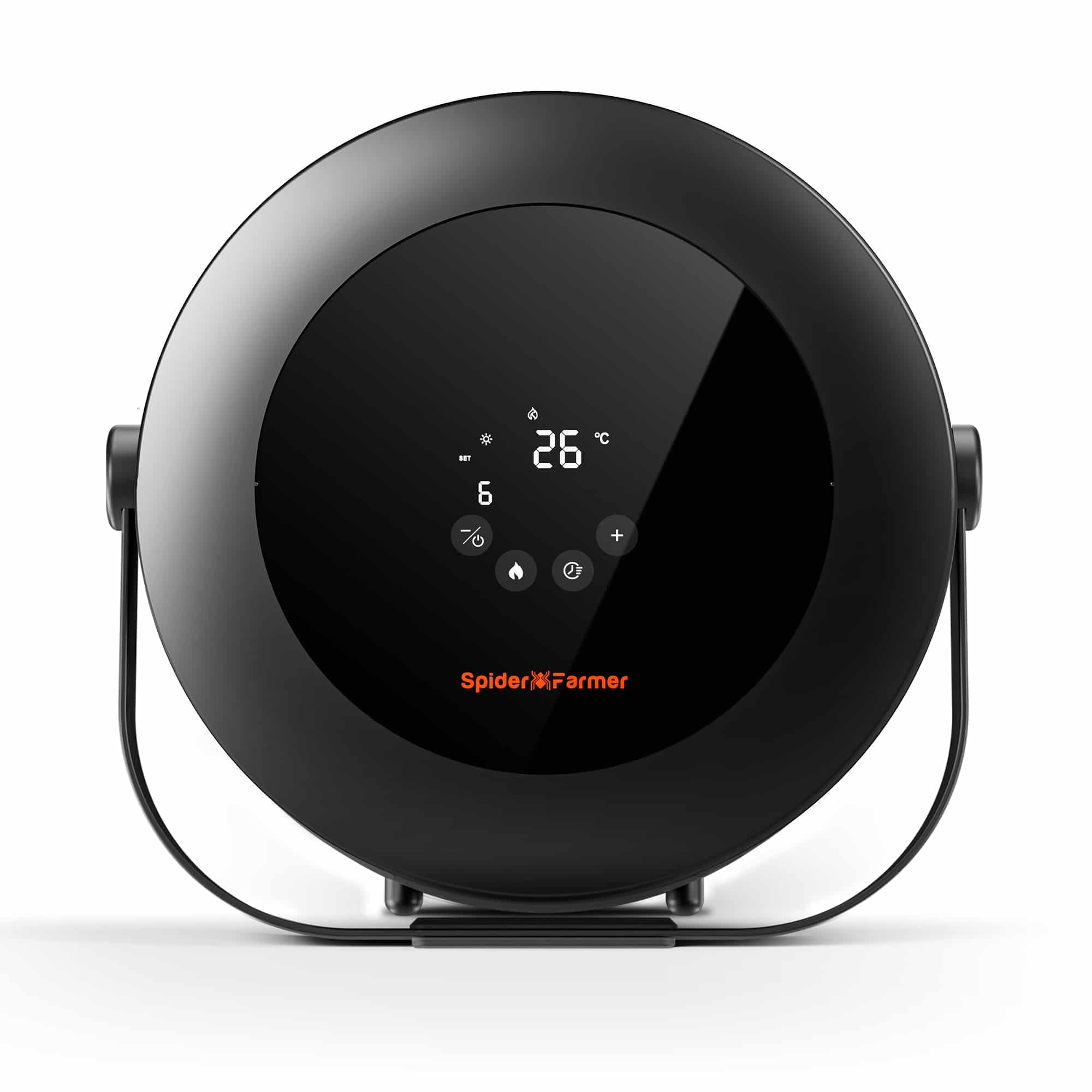Black circular device with digital display and 'Spider Farmer' branding on a white background